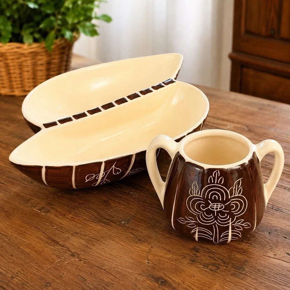 Vintage MCM Sgraffito Pottery Divided Serving Dish & Handled Bowl Brown Cream